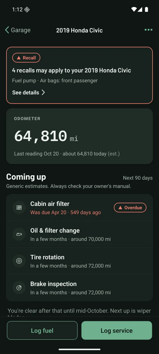 A vehicle dashboard: odometer, Coming up and recent fuel economy