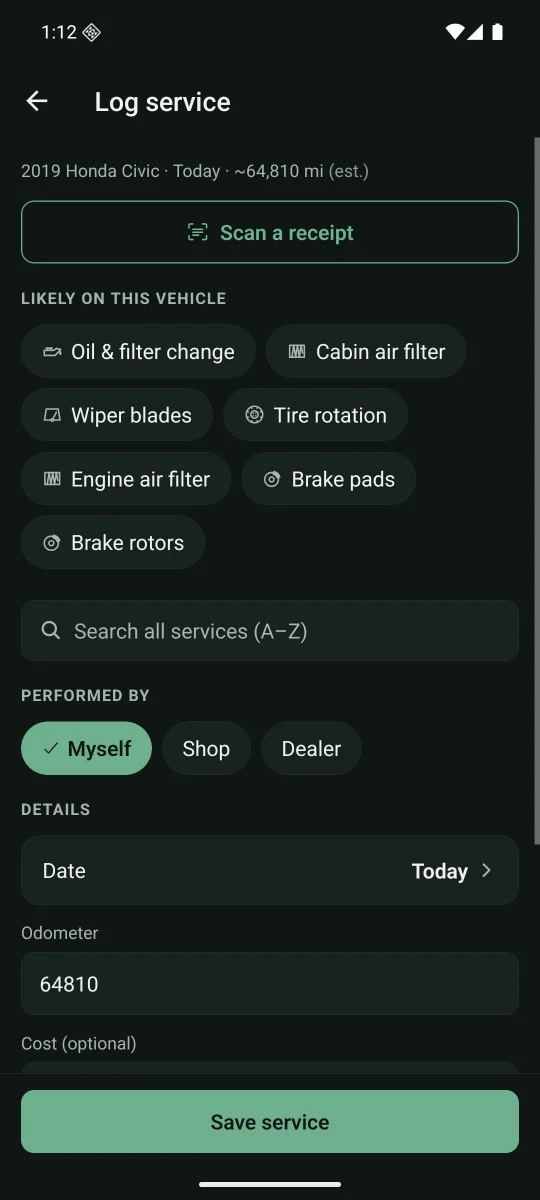 Log service: the likeliest services as one-tap chips
