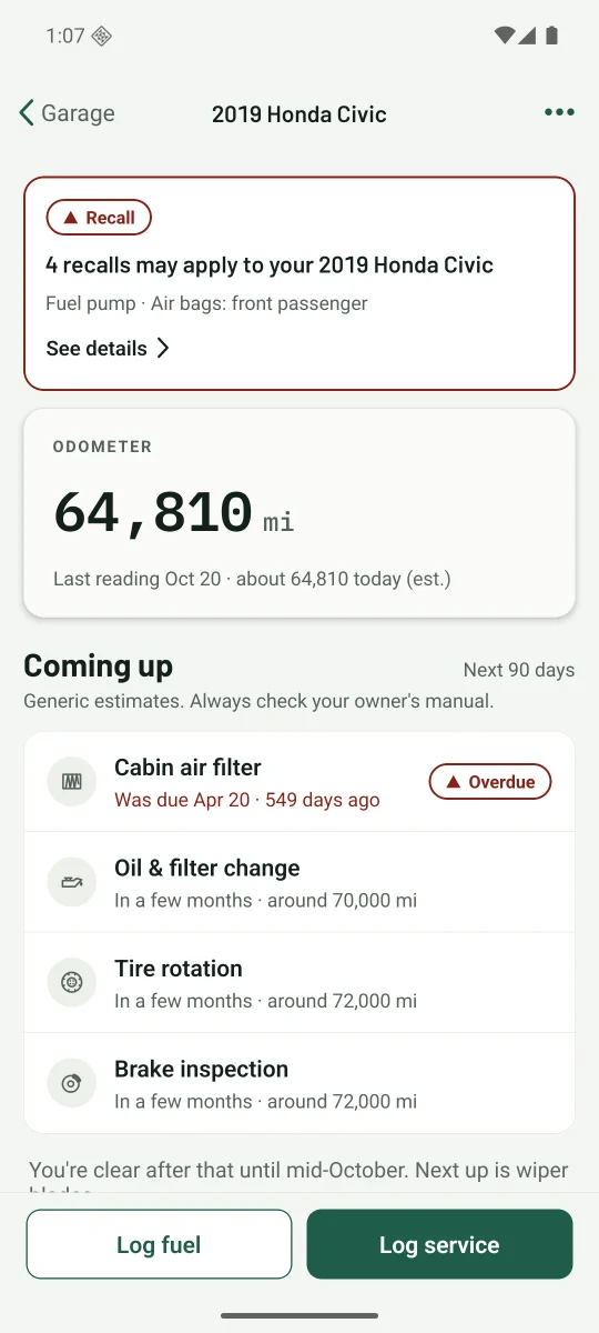 A vehicle dashboard: odometer, Coming up and recent fuel economy