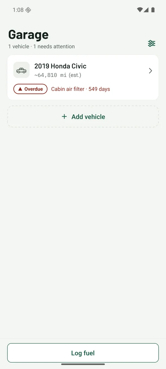 The Garage: each vehicle with its most urgent item