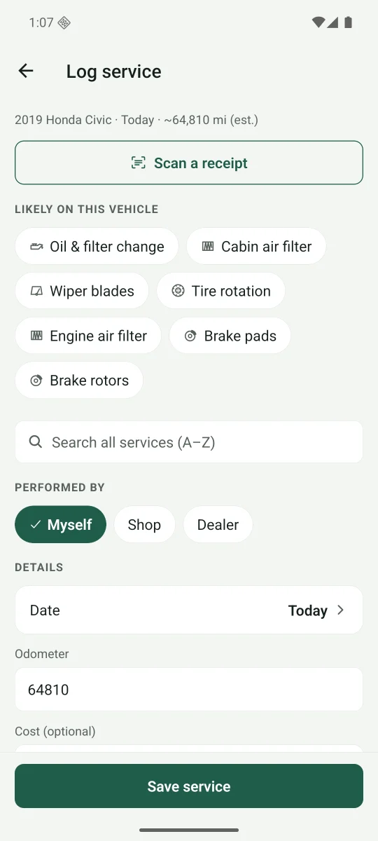 Log service: the likeliest services as one-tap chips